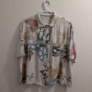 OYSHO Butterfly Print Viscose Shirt Vintage Style Retro Boxy Fit Multicolor - M